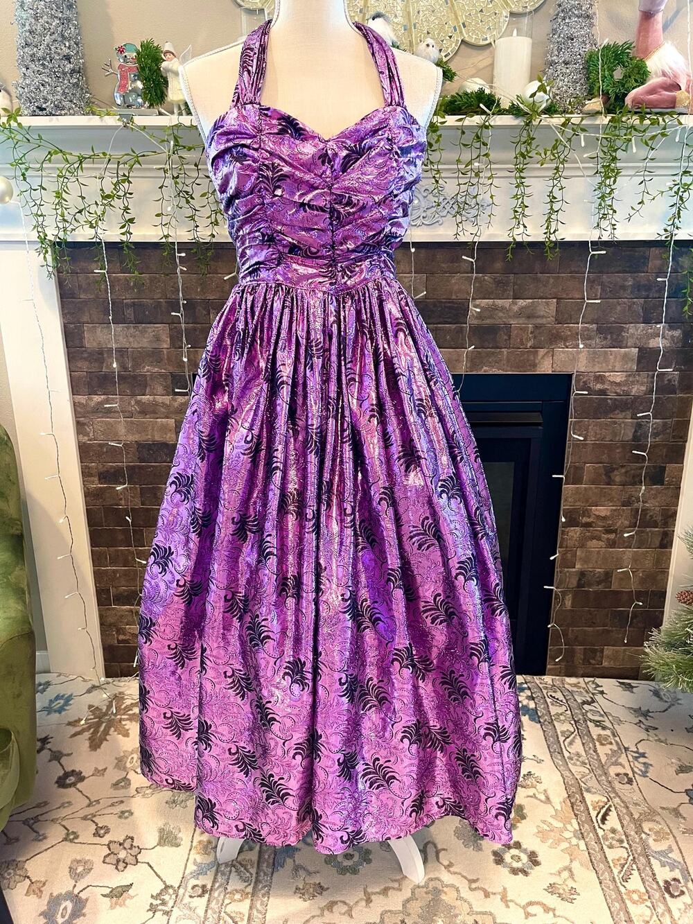 Vintage Gunne Sax Metallic Shimmer Purple Halter Dress – 1980s Prom Formal